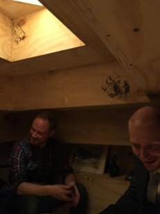Hanging out in the bothy - with Tom (one of the artists who built the 'table-room') and Richard